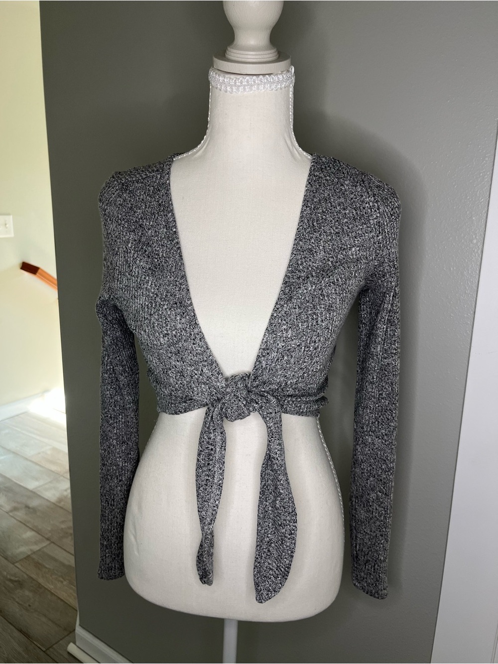 Garage Gray Tie-Front V-Neck Sweater